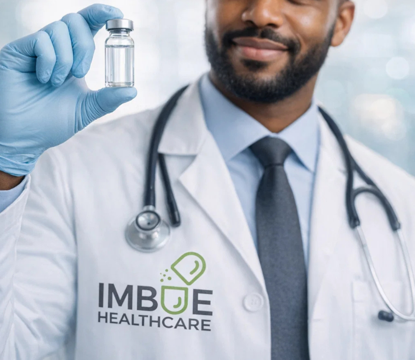 Healthcare professional wearing an Imbue Healthcare coat, holding a vial