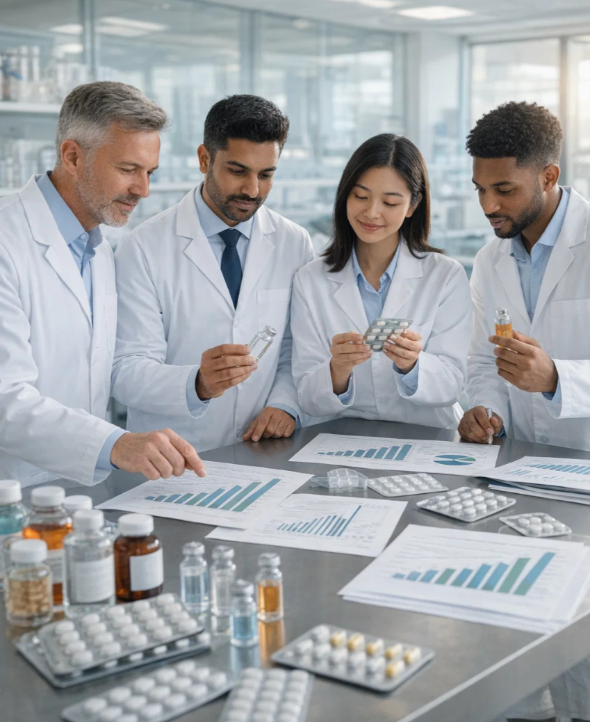 Pharmaceutical team reviewing products and data